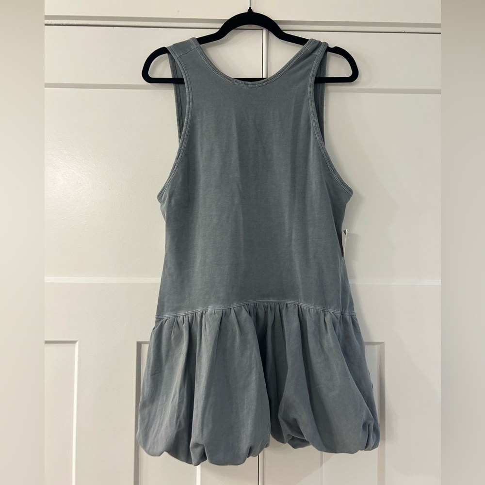 Free People Dusty Blue Ruffle-Hem Mini Dress with White Cap Sleeves - Picture 10 of 13